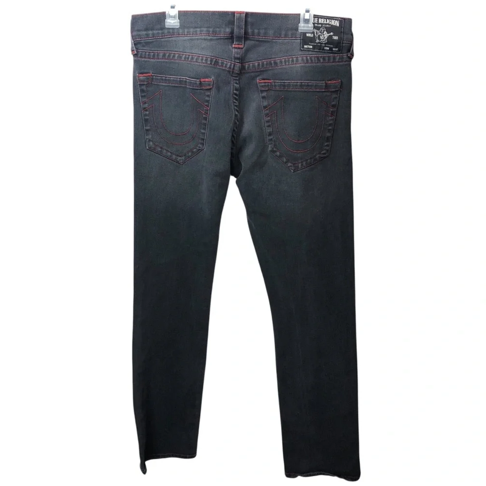 True Religion Men’s Ricky Relaxed Jean Sz 34X33 Washed Black Red Stitch Ripped
